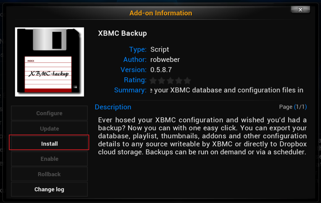 Установка XBMC Backup Addon
